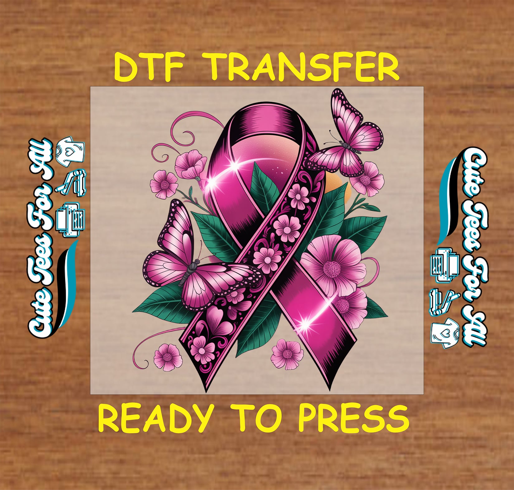 Pink ribbon butterfly floral artwork ready to press dtf transfer iron on heat transfer sheet for DIY awareness shirts