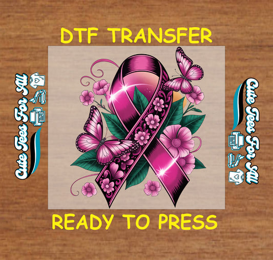 Pink ribbon butterfly floral artwork ready to press dtf transfer iron on heat transfer sheet for DIY awareness shirts