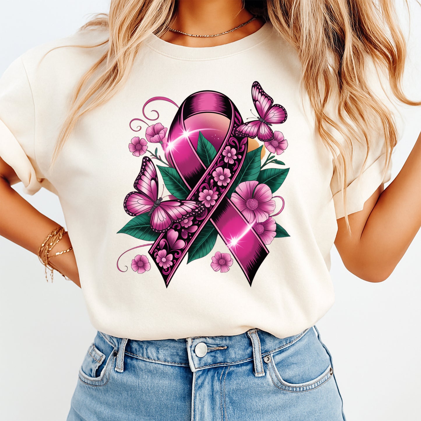 Pink ribbon butterfly floral graphic pressed on a cream t shirt showing awareness support style artwork