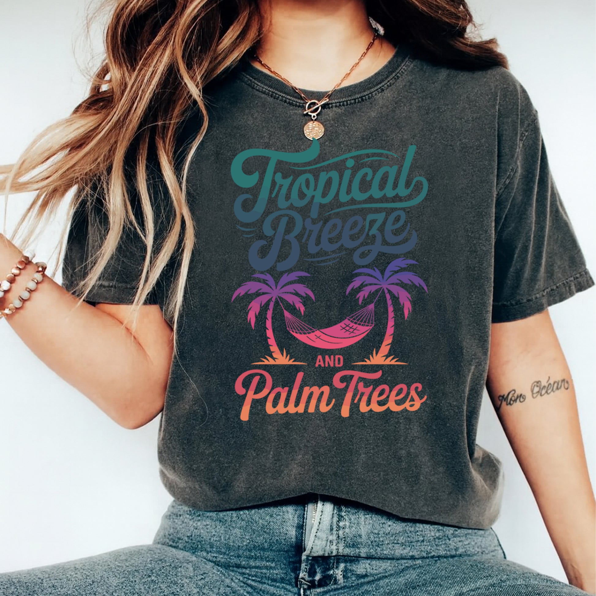 Woman wearing dark shirt with tropical breeze and palm trees summer graphic ready to press dtf design