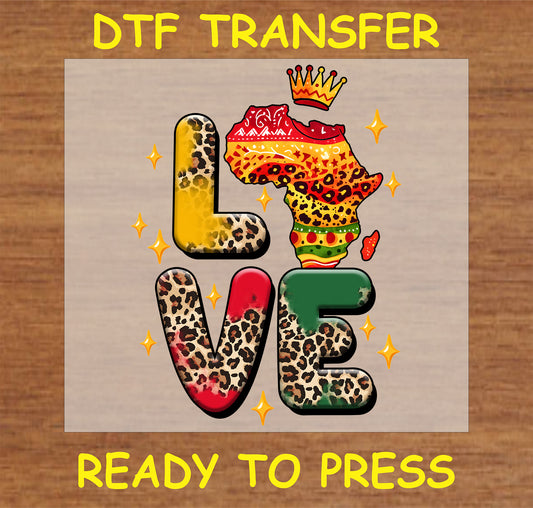 "Love Africa DTF Transfer with leopard print and Africa shape for cultural pride"