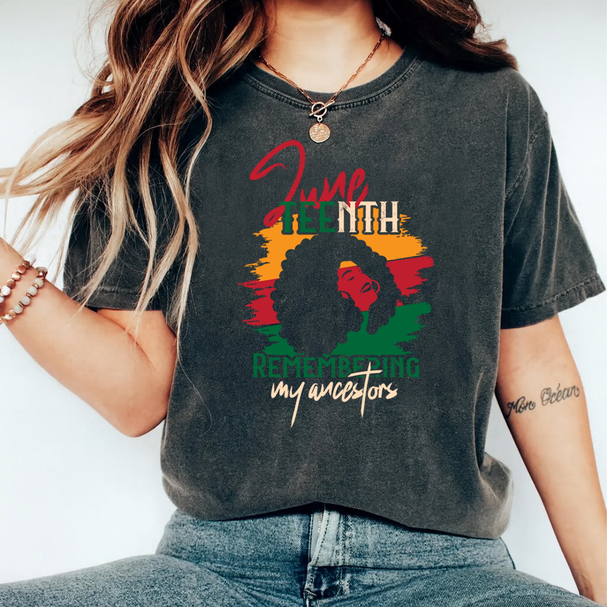 Juneteenth remembering my ancestors afro woman graphic printed on black shirt ready to press dtf heat transfer design