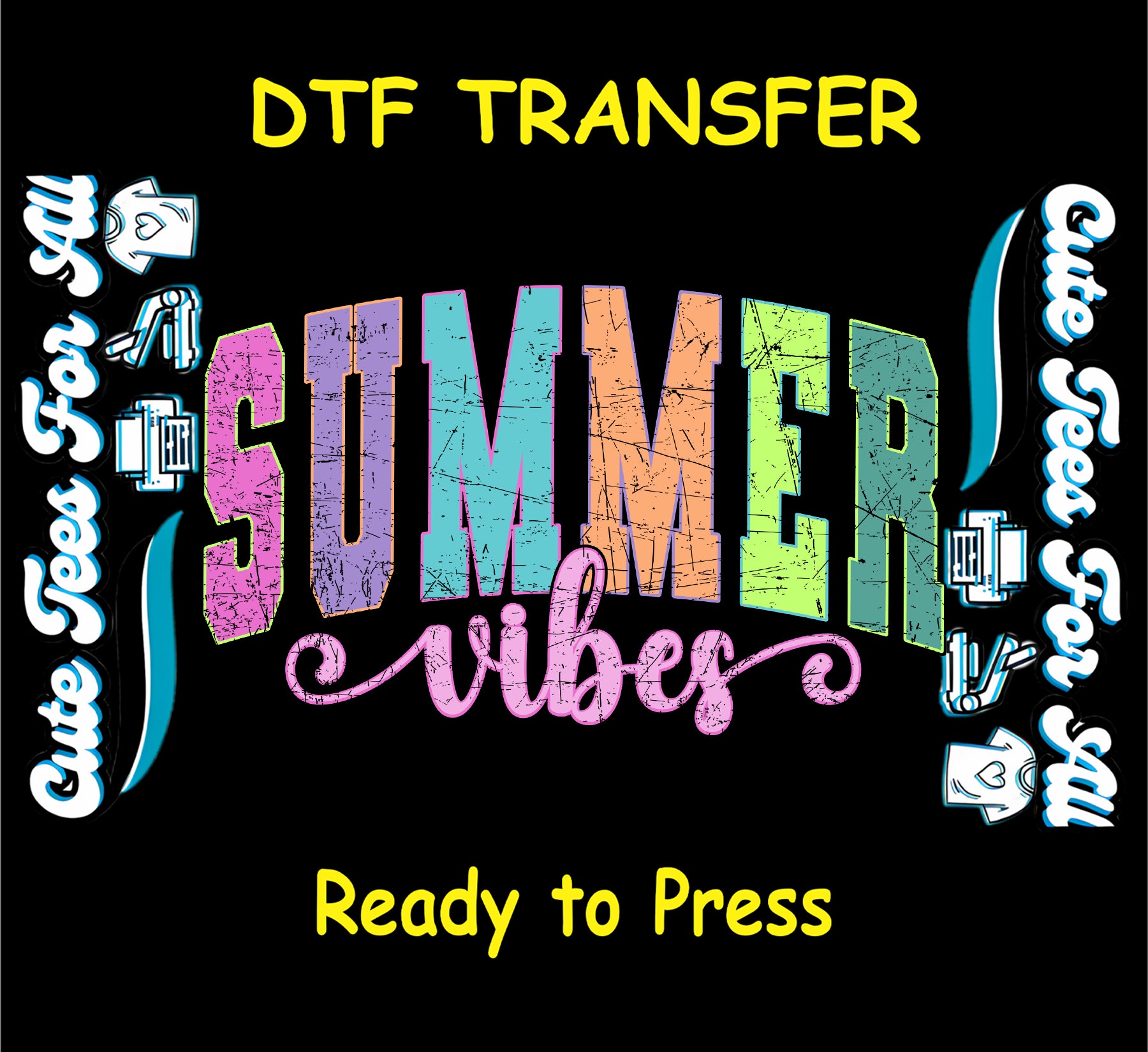 Summer Vibes ready to press dtf transfer with retro neon distressed lettering for DIY summer shirts