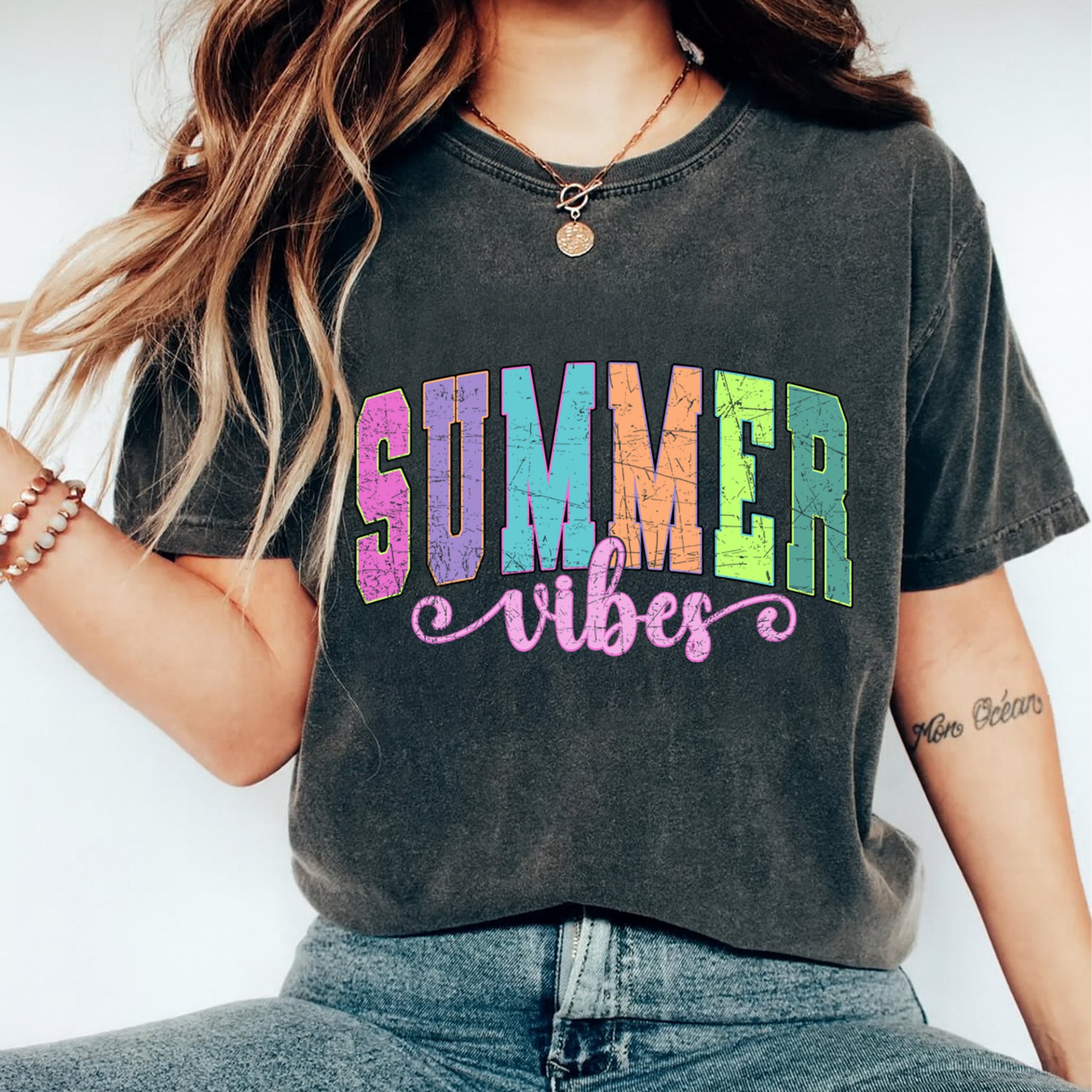 Summer Vibes retro neon graphic printed on t shirt with colorful distressed summer lettering