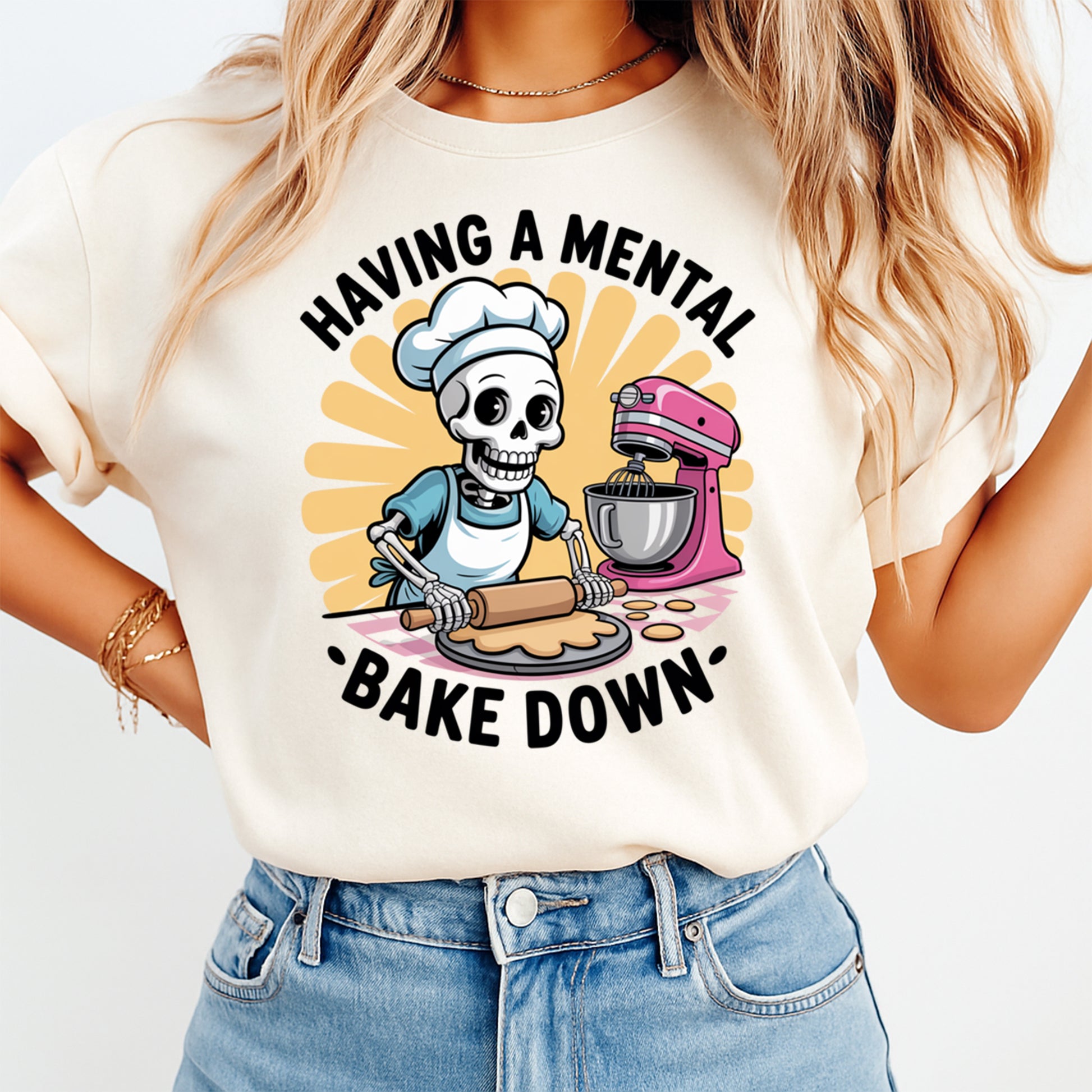 Having A Mental Bake Down skeleton chef graphic printed on t shirt with baking theme illustration