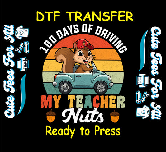 100 days of school ready to press dtf transfer with squirrel driving car retro sunset teacher classroom design for DIY shirts