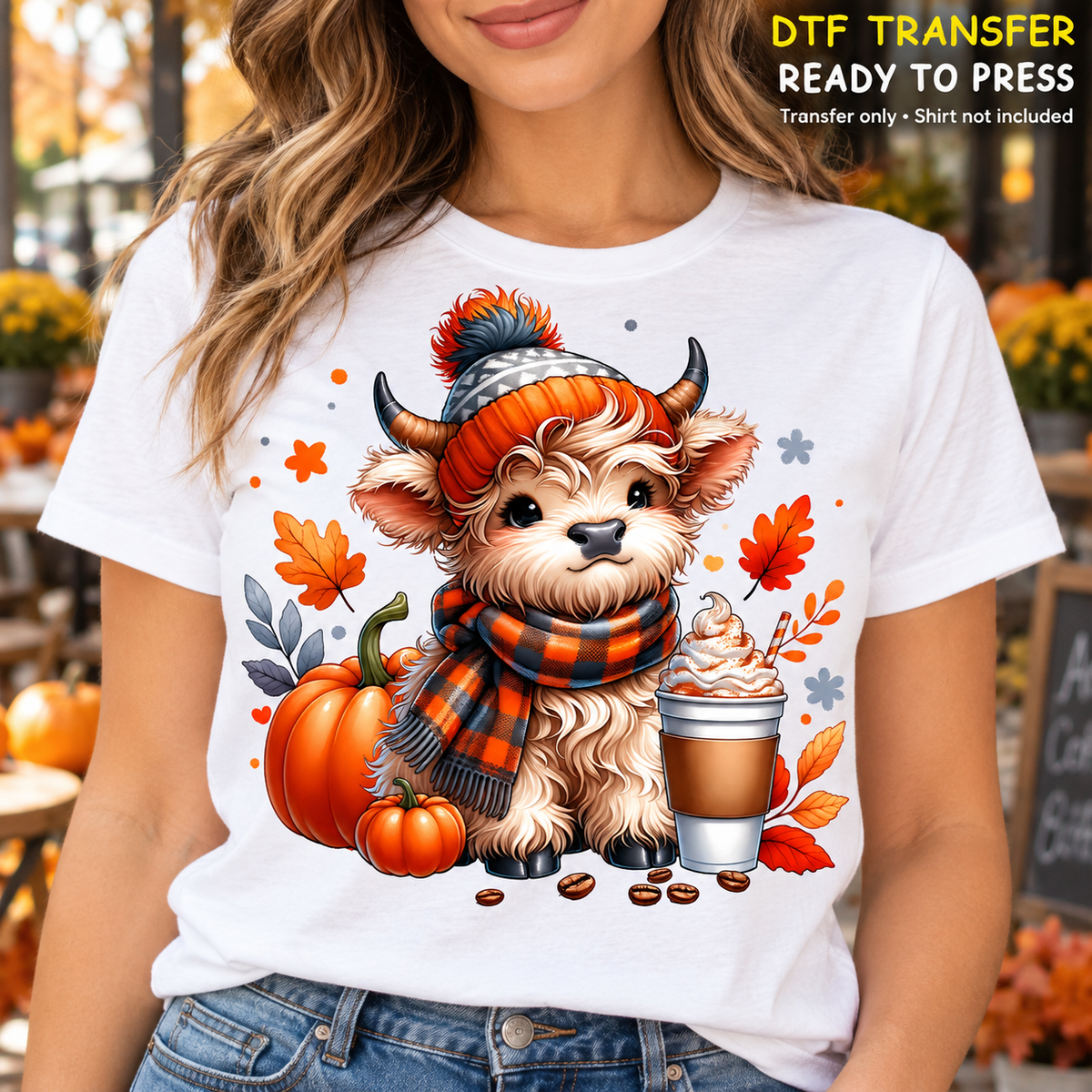 Fall Highland Cow DTF Transfer – Pumpkin Coffee shirt mock up