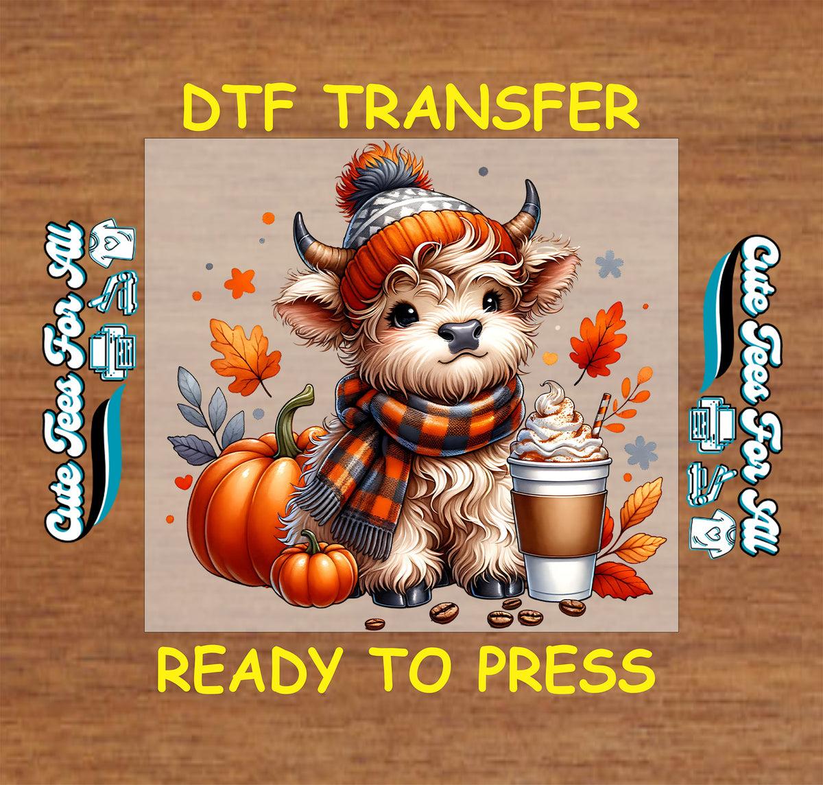 Fall Highland Cow DTF Transfer – Pumpkin Coffee dtf mock up