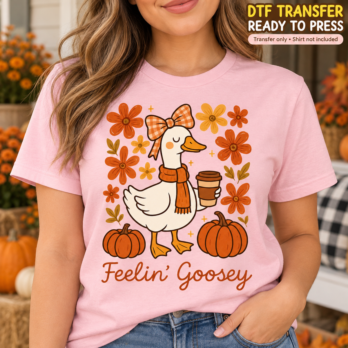 Funny Fall Goose DTF Transfer – Feelin Goosey shirt mock up