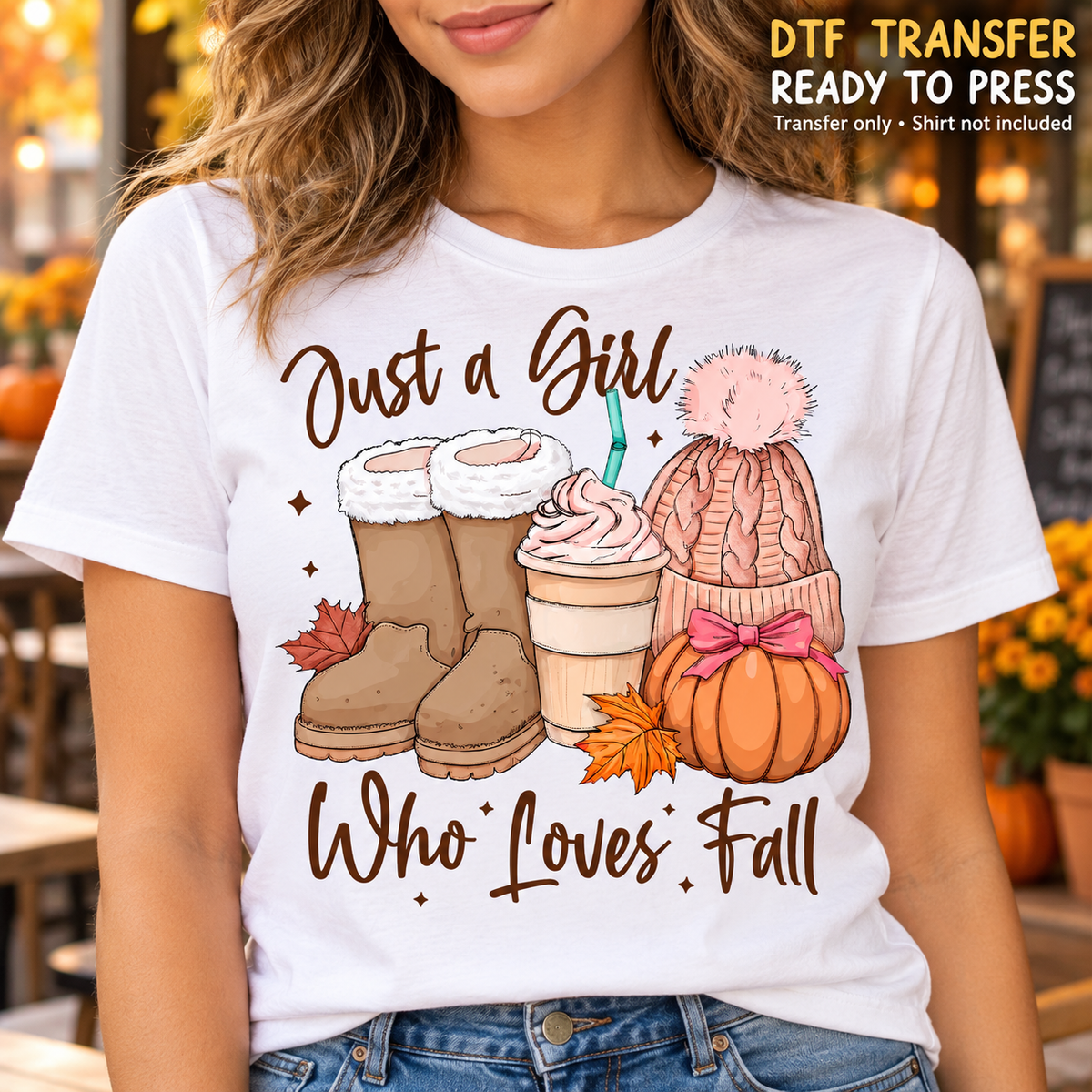 Just a Girl Who Loves Fall DTF Transfer – Coffee Boots shirt mock up