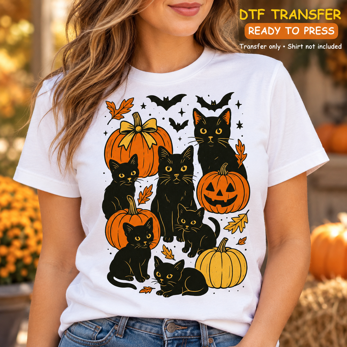 Fall Halloween Black Cats DTF Transfer – Pumpkins shirt mock up