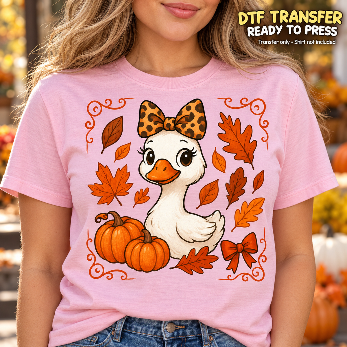 Fall Duck DTF Transfer – Leopard Bow and Leaves shirt mock up
