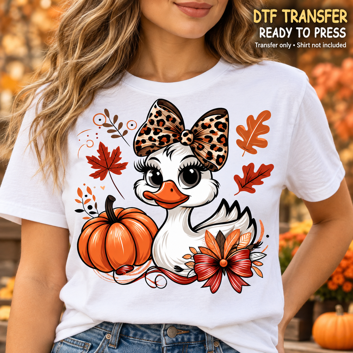 Fall Duck DTF Transfer – Leopard Bow and Flower shirt mock up