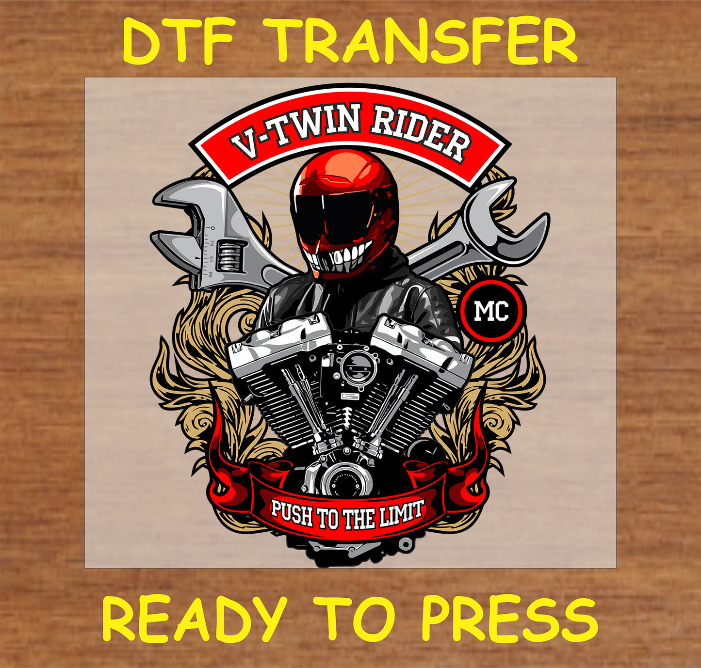 "V-Twin Rider DTF Transfer with motorcycle engine and 'Push to the Limit' text for bikers"