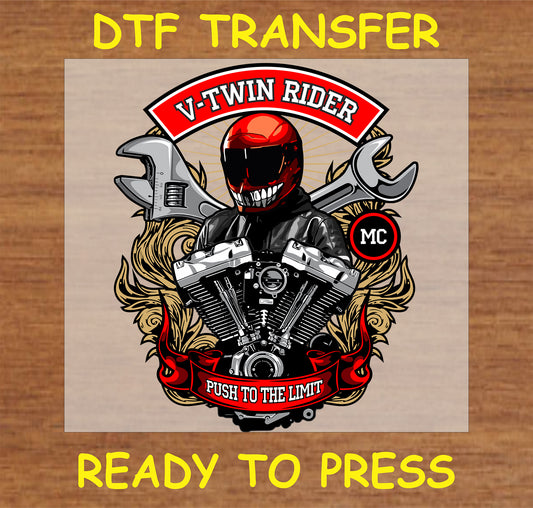 "V-Twin Rider DTF Transfer with motorcycle engine and 'Push to the Limit' text for bikers"
