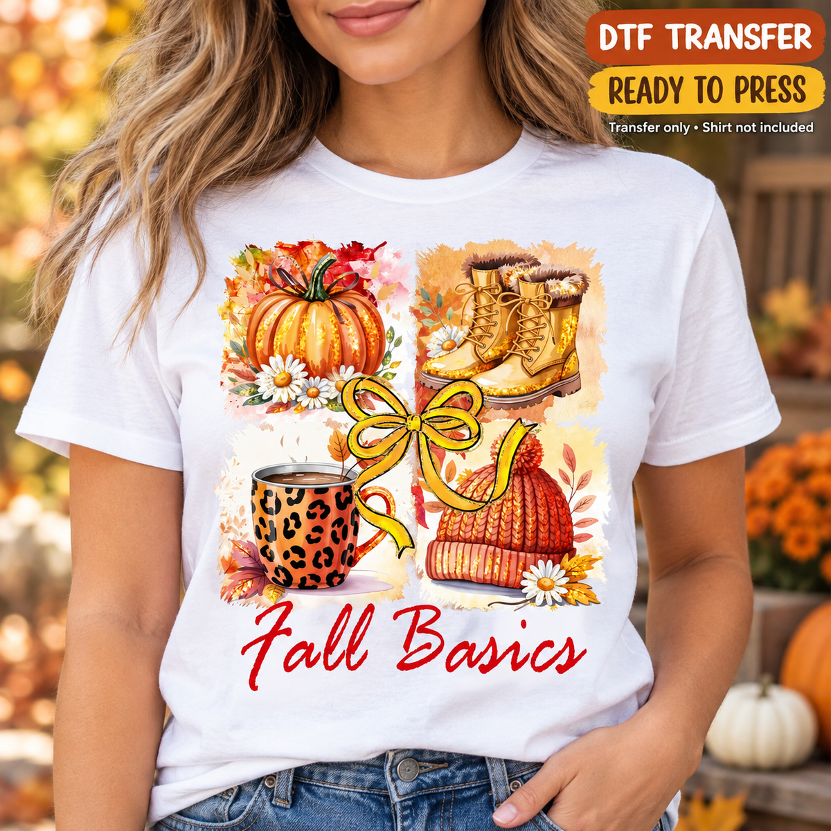 Fall Basics DTF Transfer – Pumpkin Coffee and Boots shirt mock up