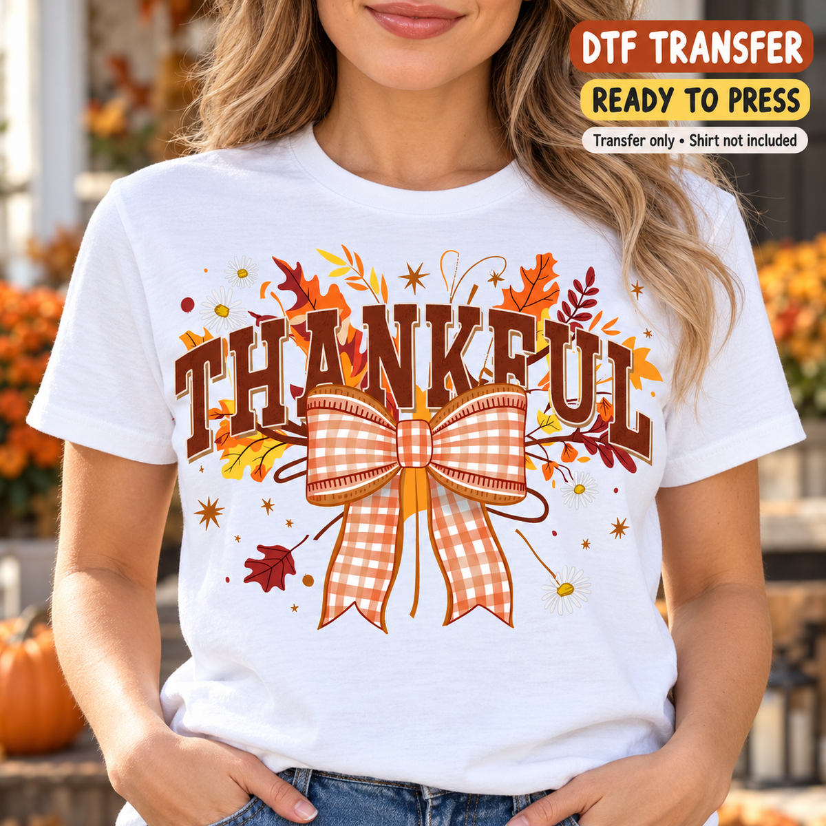 Fall Thanksgiving Thankful DTF Transfer – Gingham Bow shirt mock up