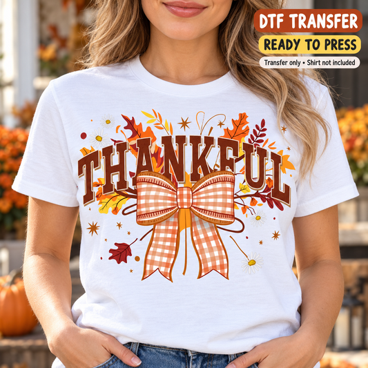 Fall Thanksgiving Thankful DTF Transfer – Gingham Bow shirt mock up