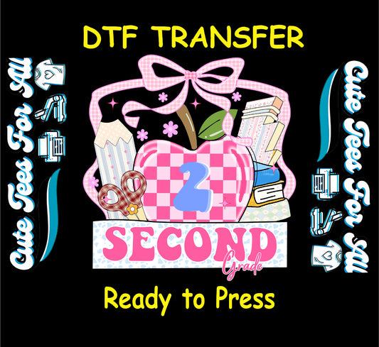 Second grade teacher ready to press dtf iron on heat transfer decal with pink apple bow pencil scissors and books graphic