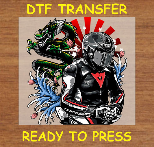 "Dragon Rider DTF Transfer with Japanese dragon and motorcycle rider design"