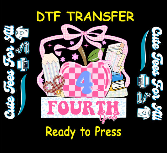 Fourth grade pink apple ready to press dtf transfer iron on decal heat transfer design with bow books and school elements for DIY shirts
