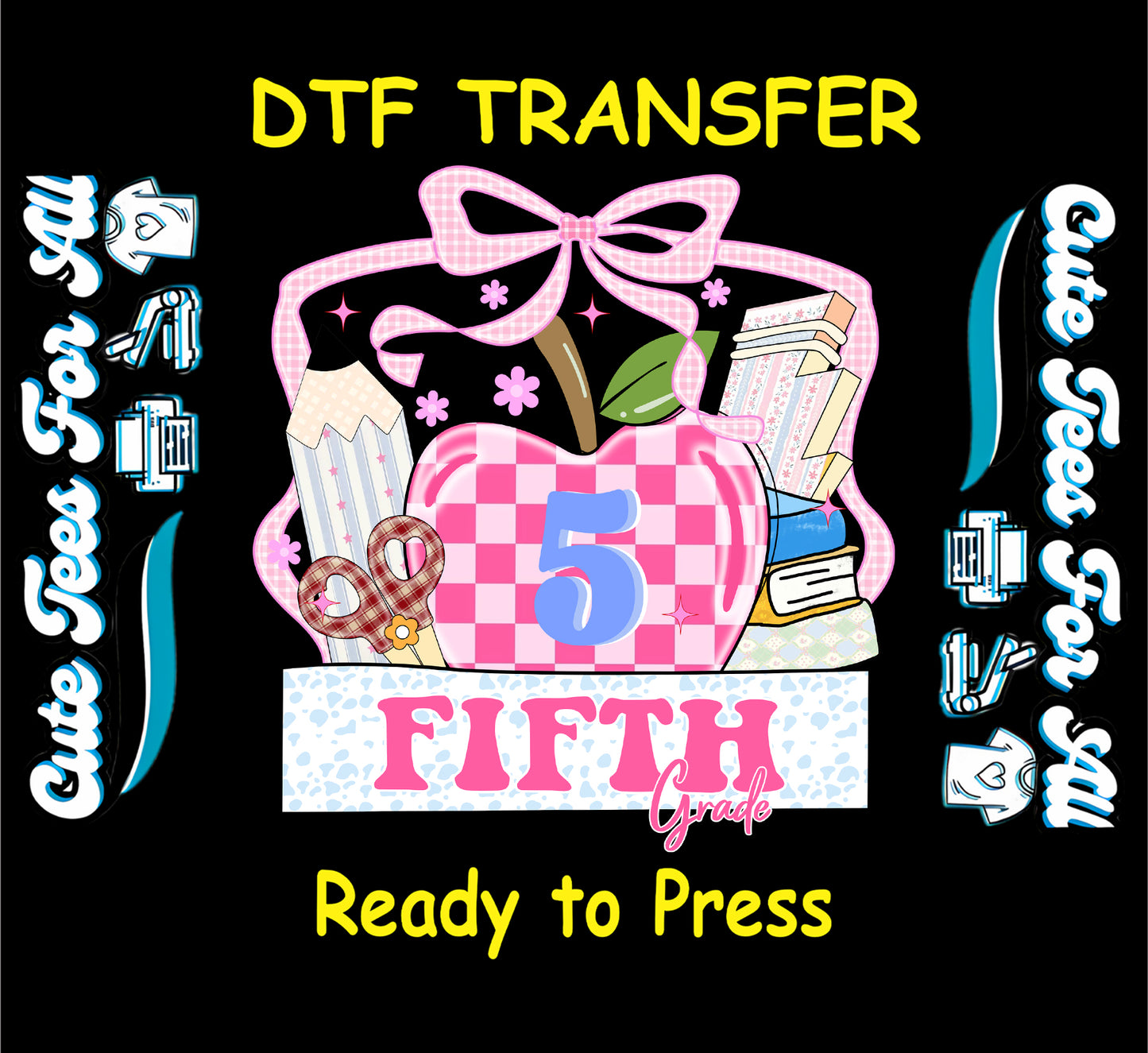Fifth grade pink apple ready to press dtf transfer iron on decal heat transfer design with bow books and school elements for DIY shirts