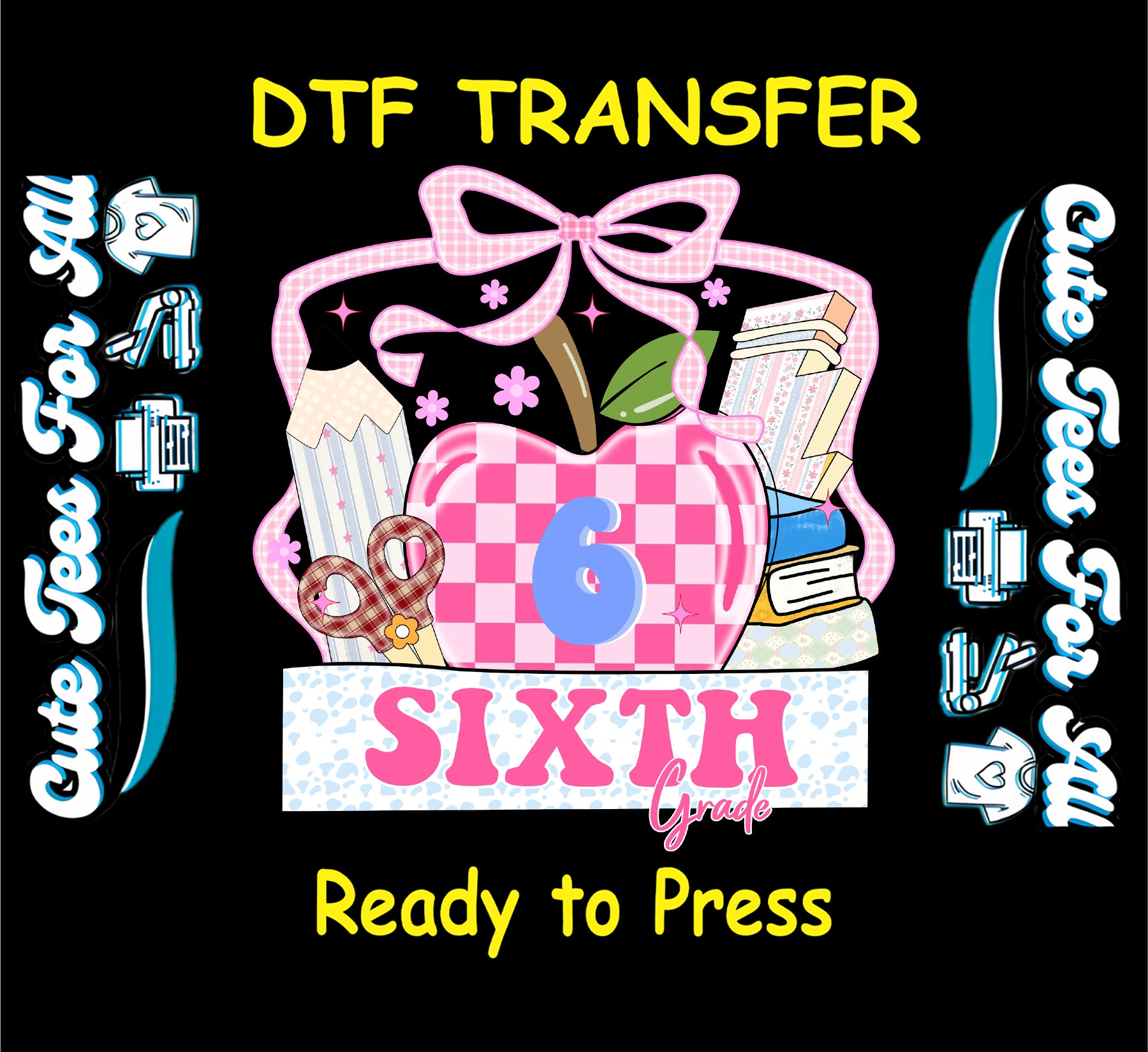 Sixth grade pink apple ready to press dtf transfer iron on decal heat transfer design with bow books and school elements for DIY shirts