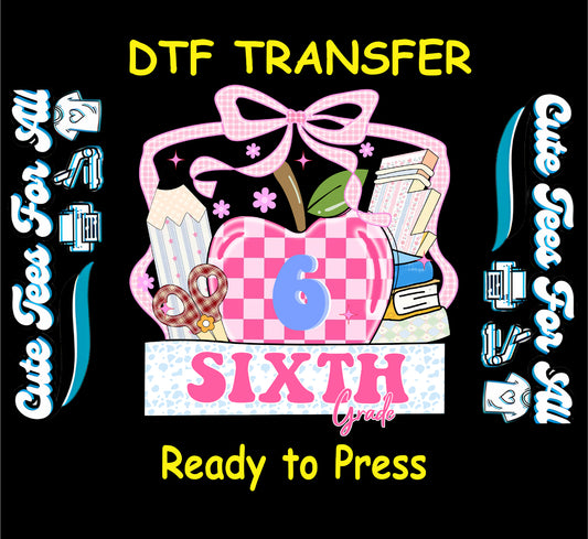 Sixth grade pink apple ready to press dtf transfer iron on decal heat transfer design with bow books and school elements for DIY shirts