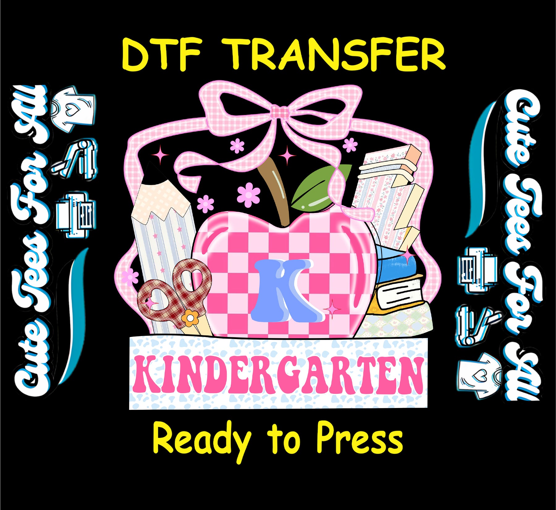 Kindergarten pink apple ready to press dtf transfer iron on decal heat transfer design with bow books and school elements for DIY shirts