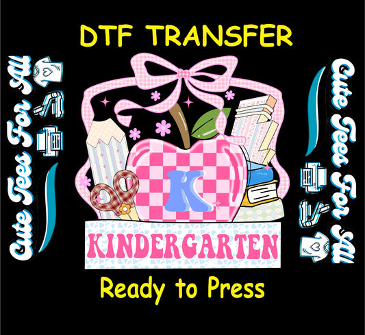 Kindergarten pink apple ready to press dtf transfer iron on decal heat transfer design with bow books and school elements for DIY shirts