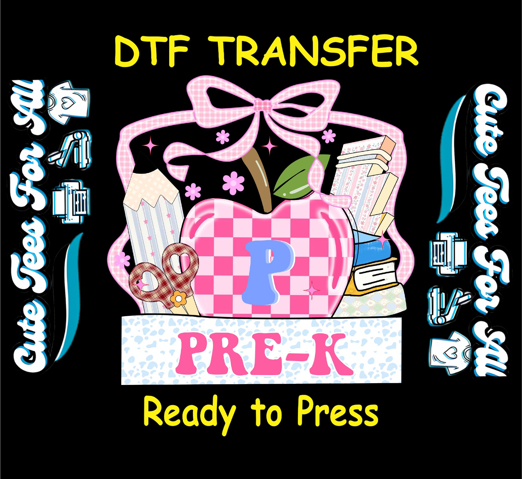 Pre k pink apple ready to press dtf transfer iron on decal heat transfer design with bow books and school elements for DIY shirts
