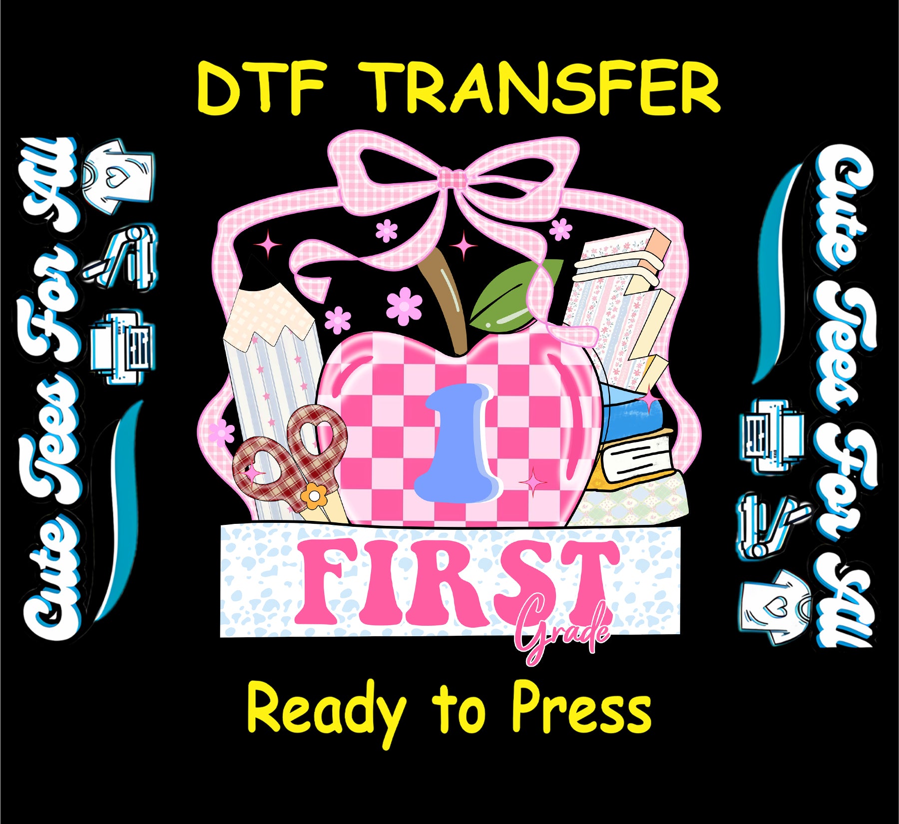 First grade pink apple ready to press dtf transfer iron on decal heat transfer design with bow books and school elements for DIY shirts