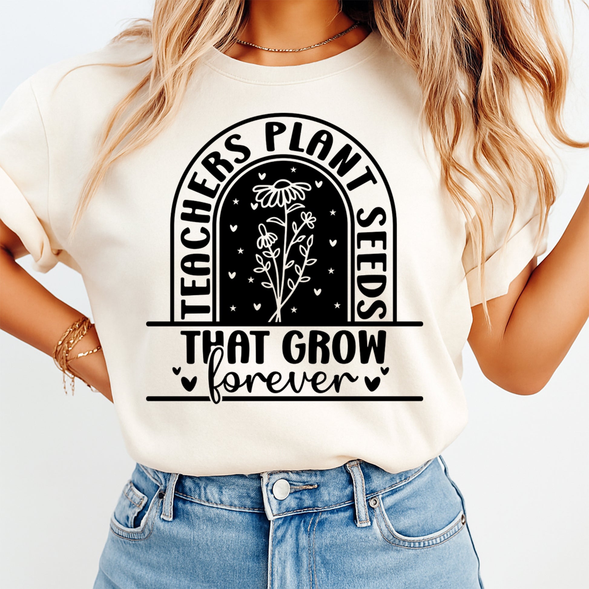 Teacher appreciation shirt mockup featuring teachers plant seeds that grow forever floral graphic design