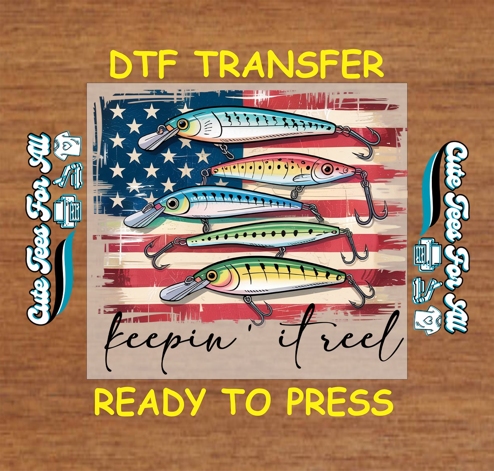 Patriotic fishing ready to press dtf transfer with colorful crankbait lures over distressed American flag iron on decal