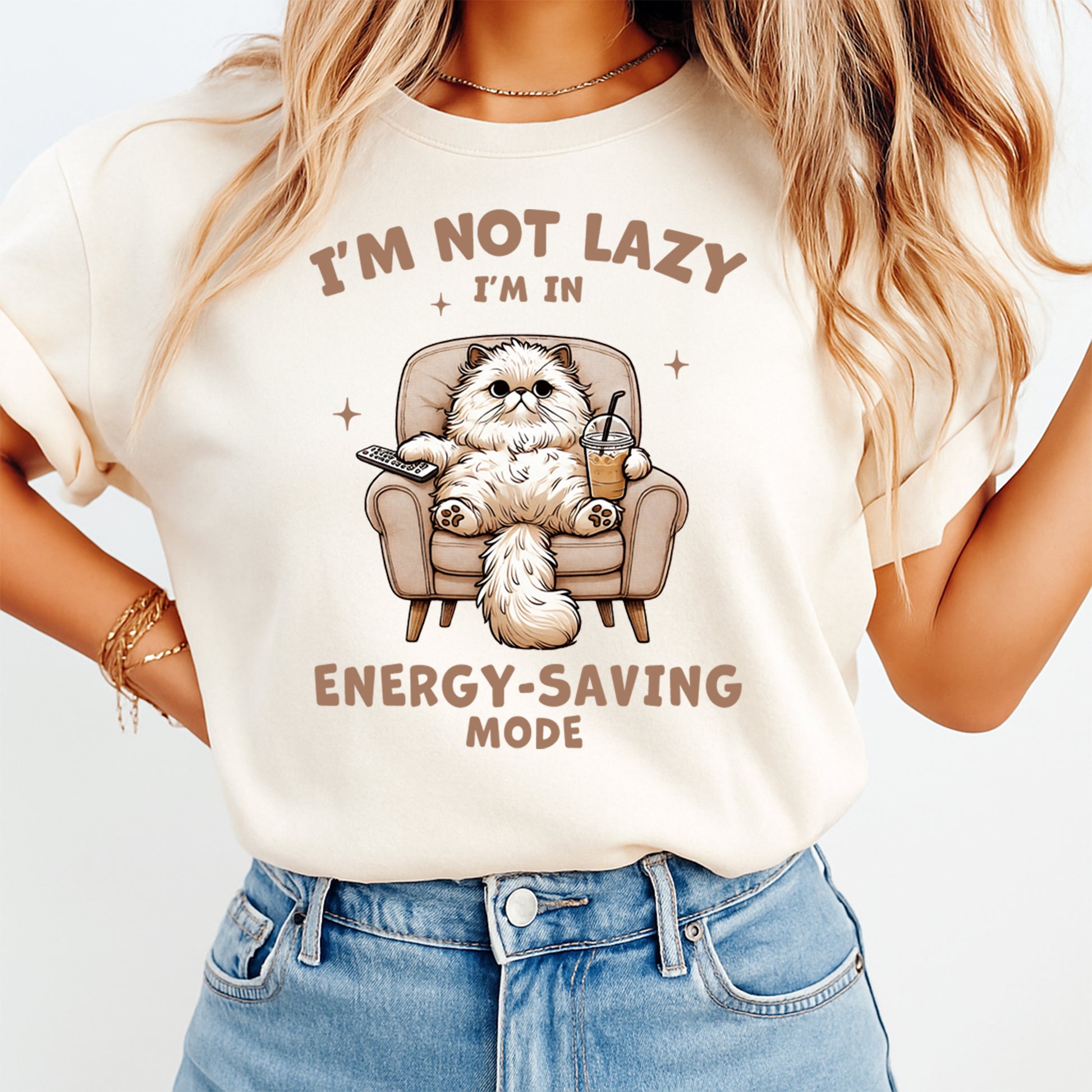 Woman wearing beige shirt with cute fluffy cat energy saving mode heat transfer graphic