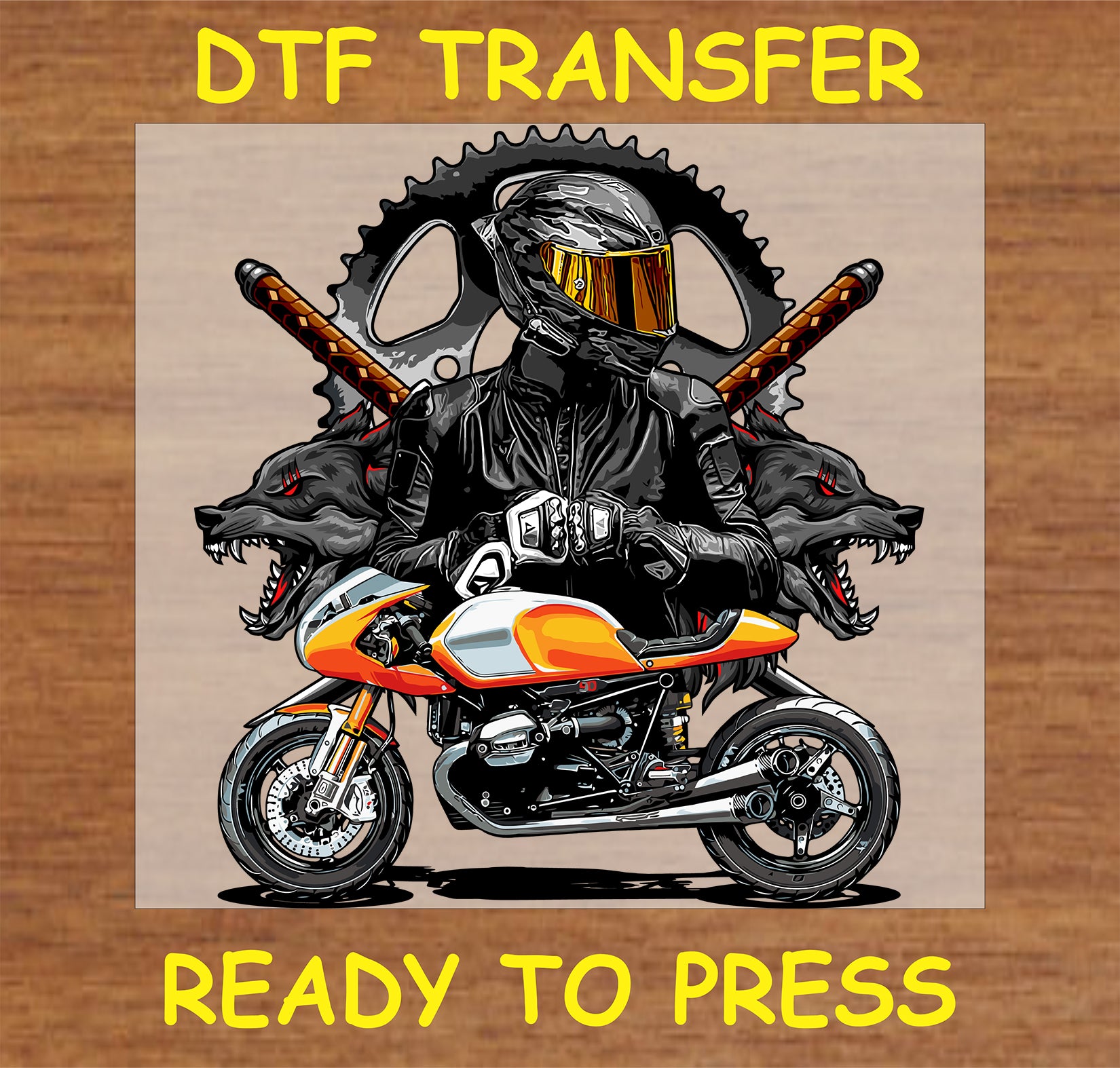 "Wolf Rider DTF Transfer with motorcycle rider, fierce wolves, and swords design"