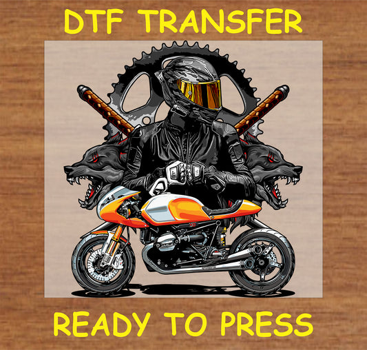 "Wolf Rider DTF Transfer with motorcycle rider, fierce wolves, and swords design"