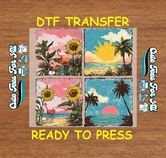 Summer beach ready to press dtf transfer with tropical sunset panels flamingo sunflowers and palm trees iron on decal