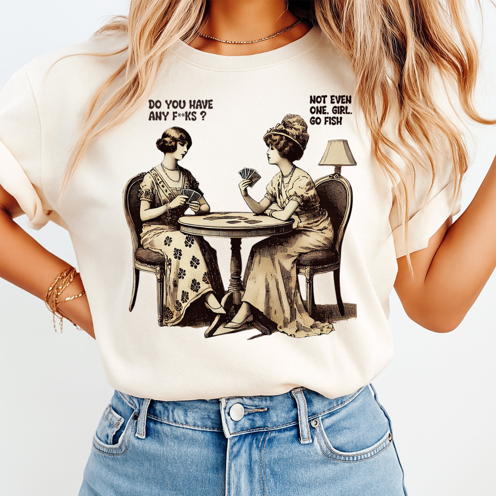 Woman wearing beige shirt with vintage card game humor heat transfer graphic design