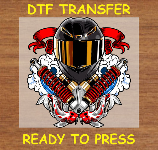 "Koi Biker DTF Transfer with helmet, engine elements, and koi fish design"