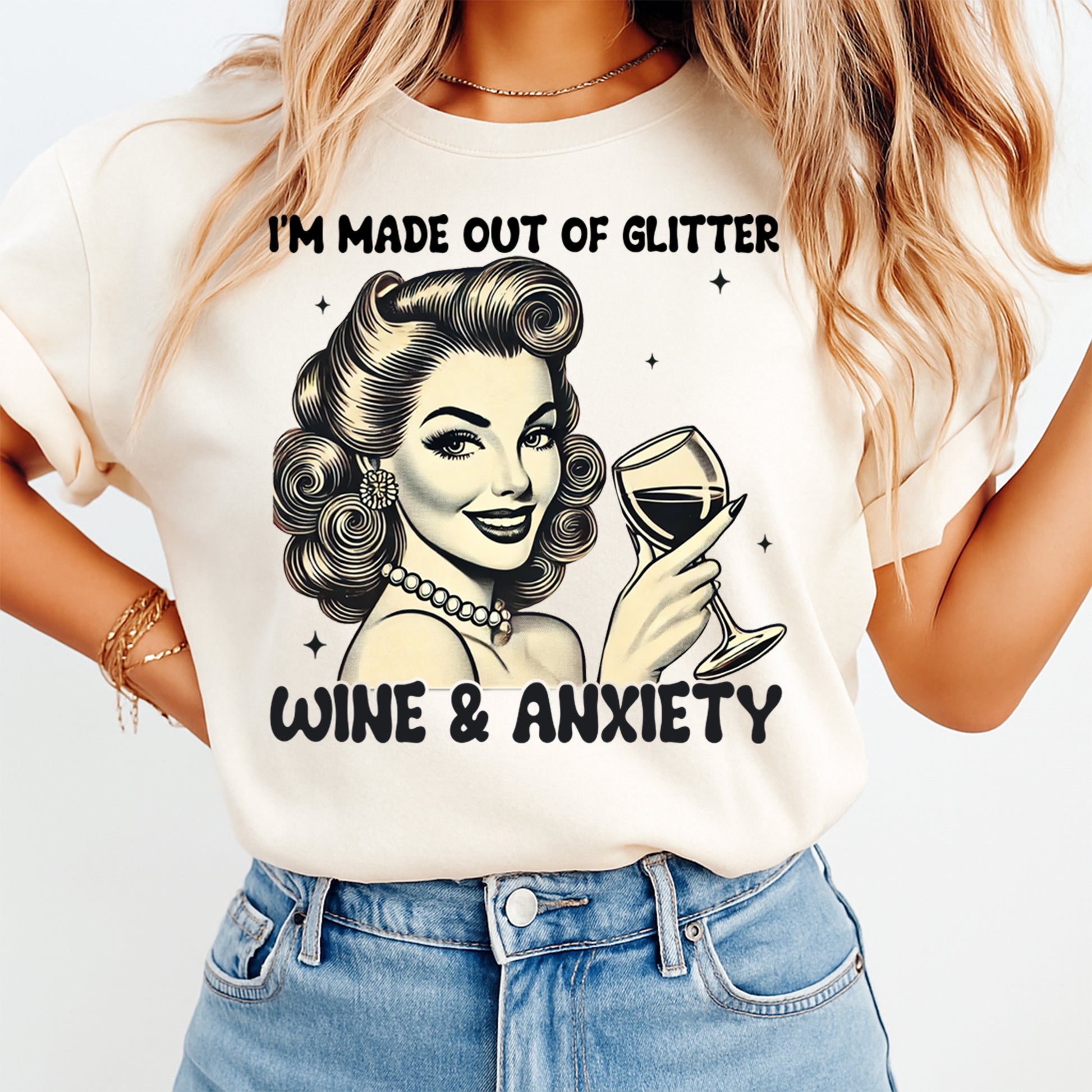 Woman wearing beige shirt with vintage wine humor heat transfer graphic on front