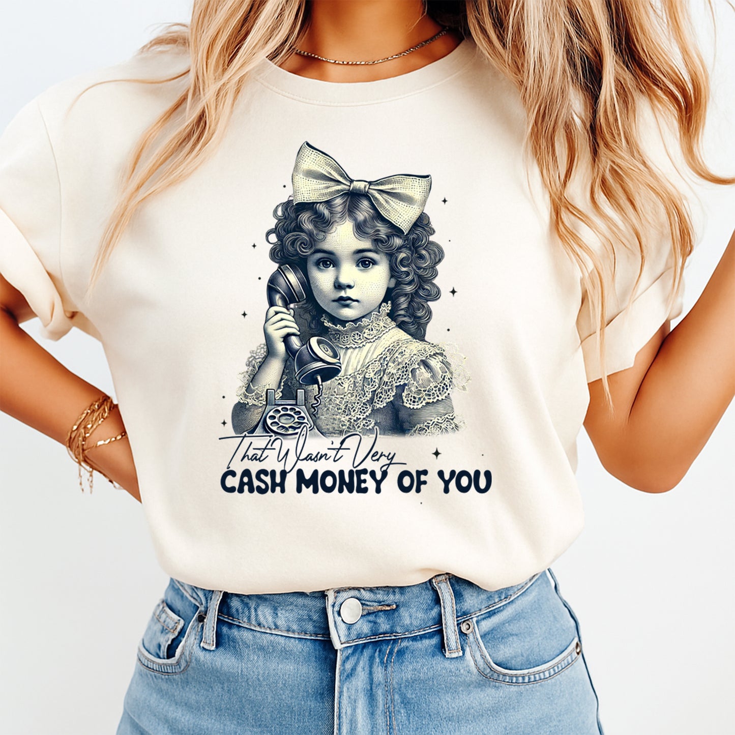 Woman wearing beige shirt with vintage Victorian phone humor heat transfer graphic