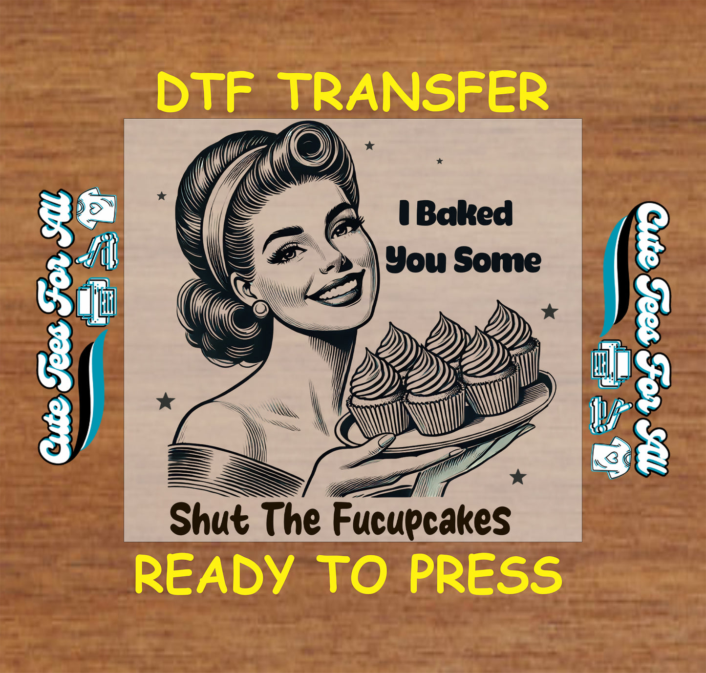 Funny retro baker woman holding cupcakes ready to press dtf transfer iron on decal heat transfer design for DIY shirts