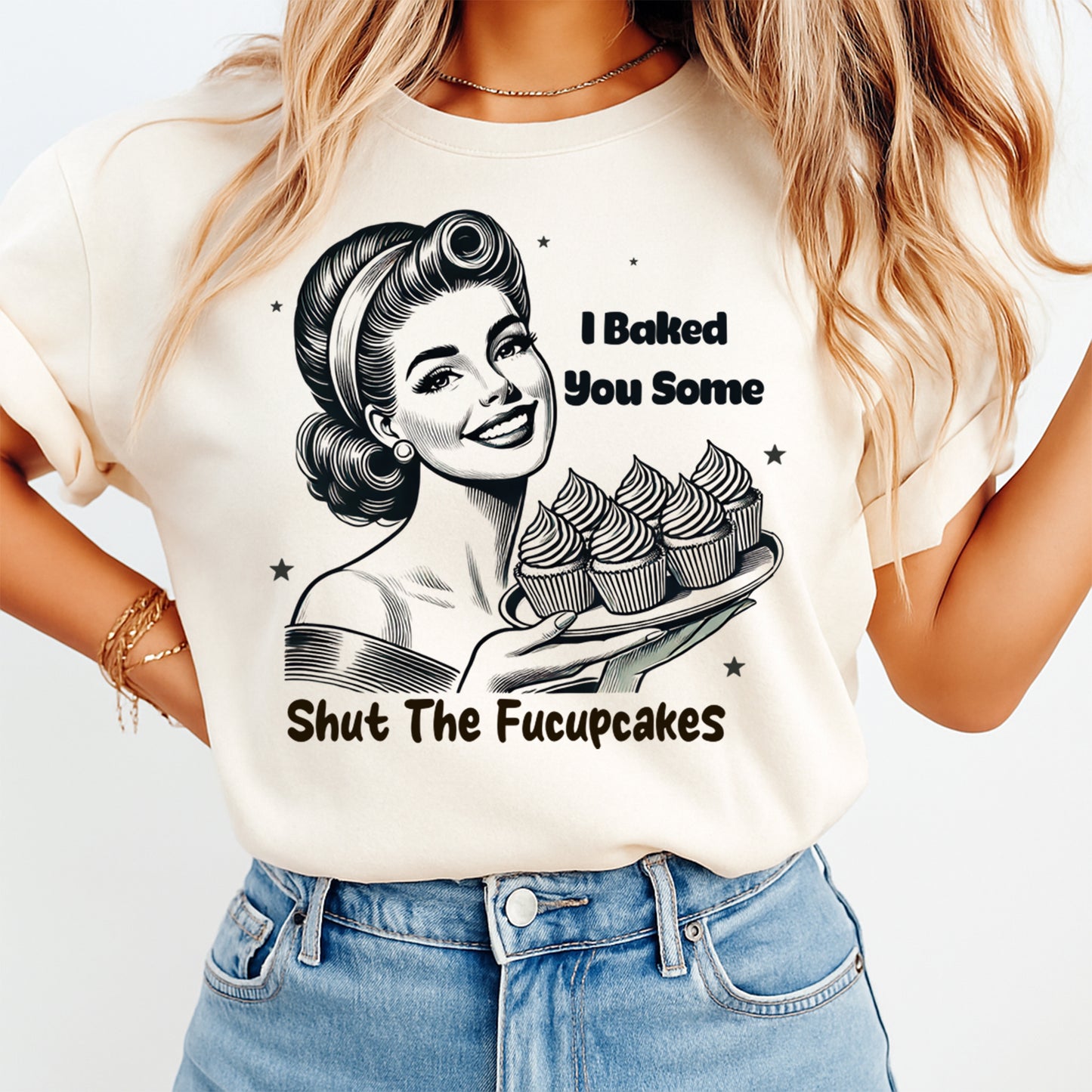 Retro cupcake quote graphic shirt featuring vintage style baker illustration heat transfer design on neutral tee