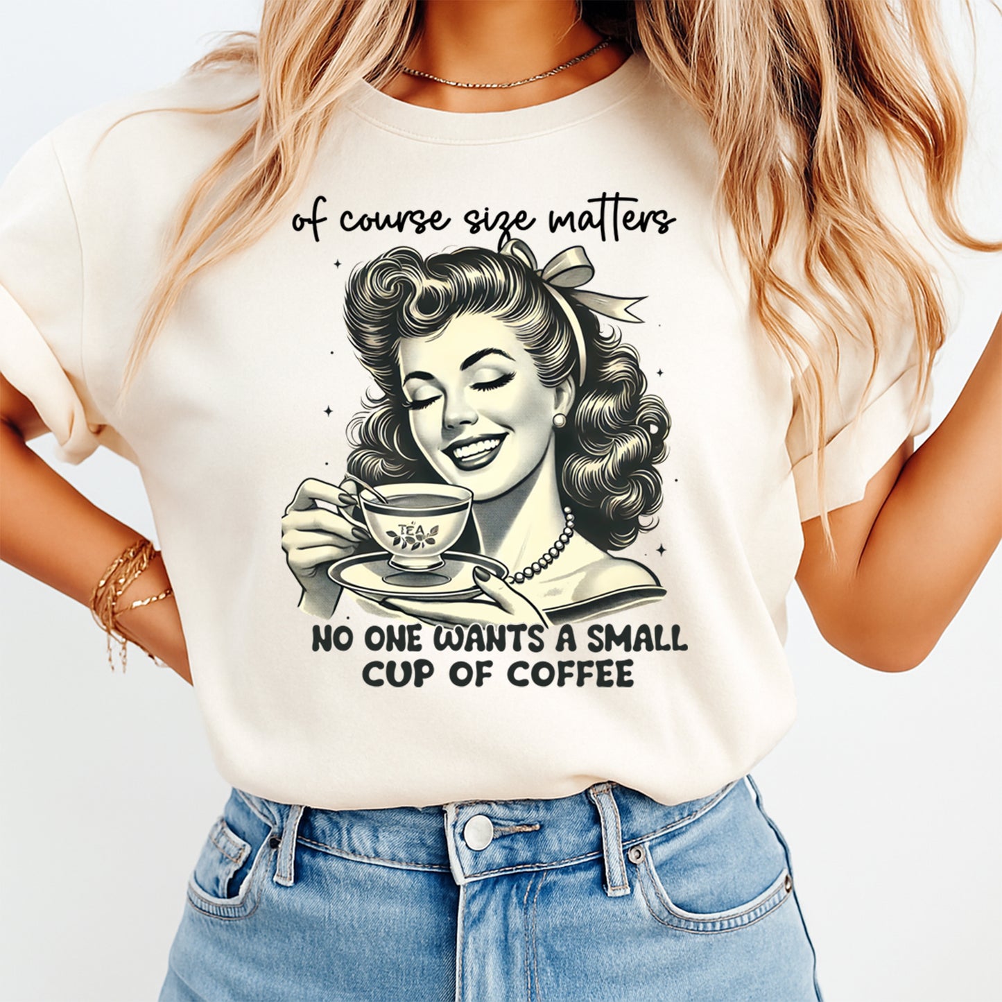 Vintage style coffee humor shirt featuring retro woman drinking coffee heat transfer graphic on neutral tee