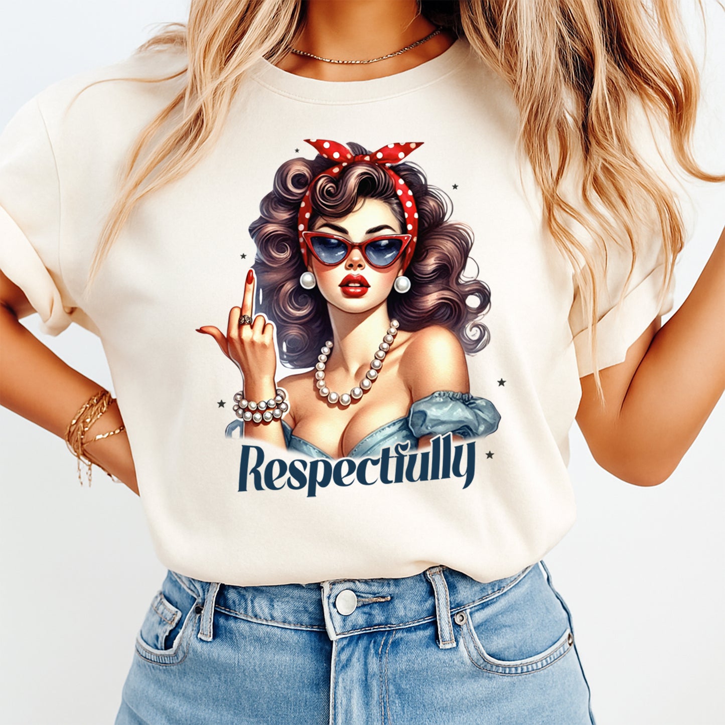 Respectfully retro pin up graphic printed on cream t shirt showing finished heat transfer apparel example
