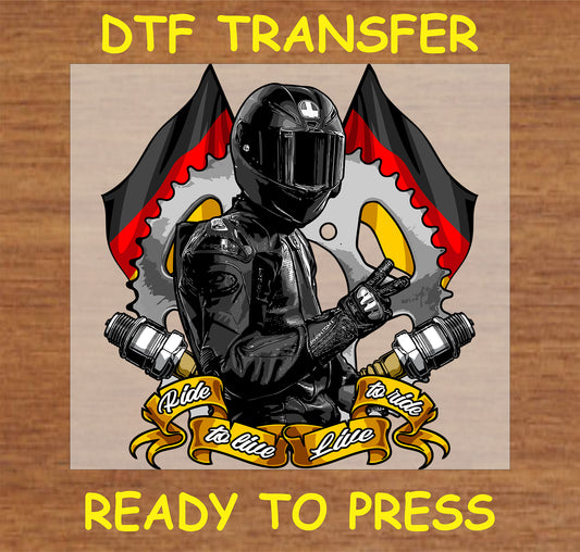 "Live to Ride DTF Transfer with biker, sprocket, and 'Ride to Live' banner design"