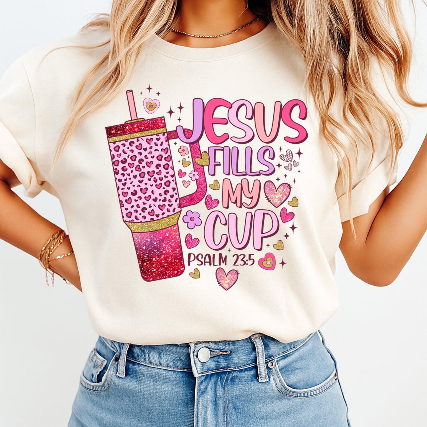 Jesus Fills My Cup Christian graphic printed on cream t shirt showing finished heat transfer apparel example