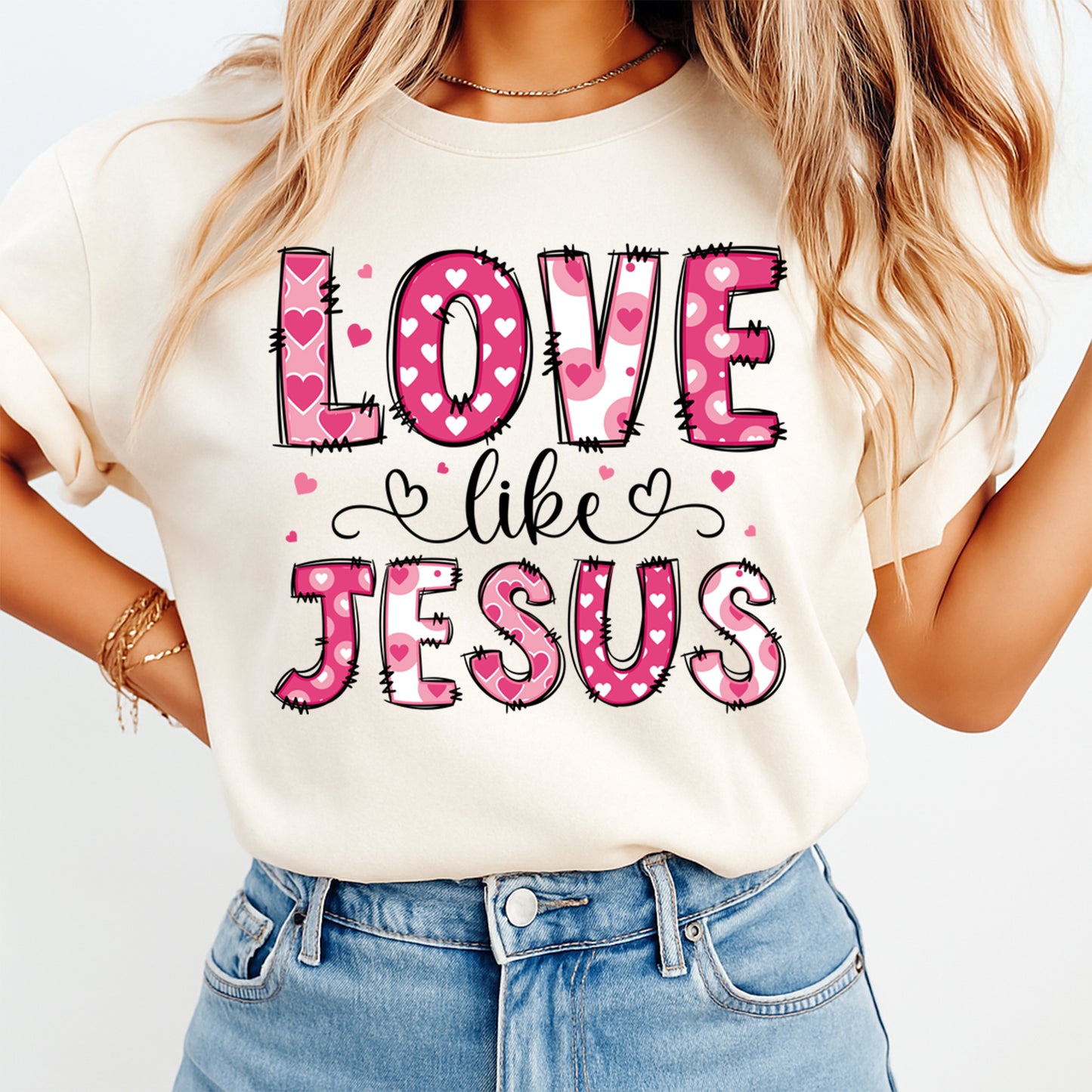 Love Like Jesus Christian graphic printed on cream t shirt showing finished heat transfer apparel example