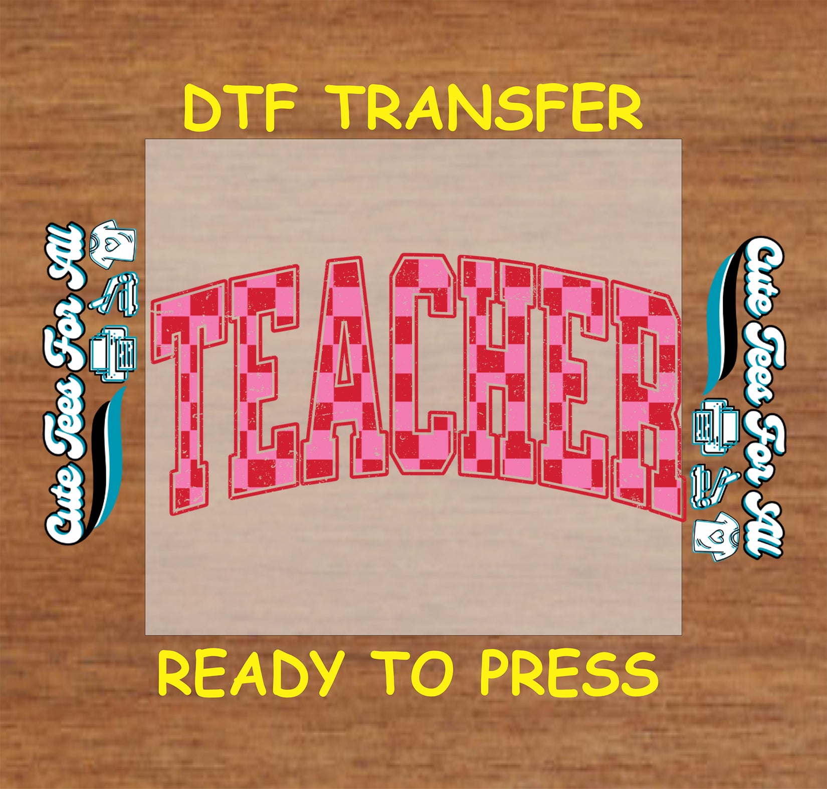 Teacher varsity pink plaid ready to press dtf transfer iron on decal heat transfer for DIY shirts classroom spirit design